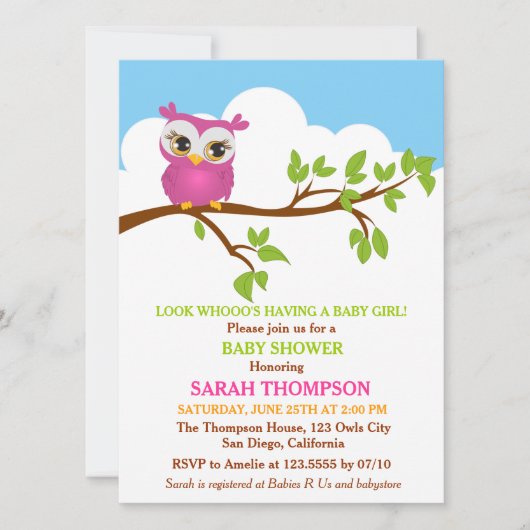 Sweet Baby Owl Invitation Baby shower (Devant)