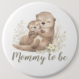 Sweet Beige Watercolor Otter Botanical Mommy To Be Ronde Button 6,0 Cm