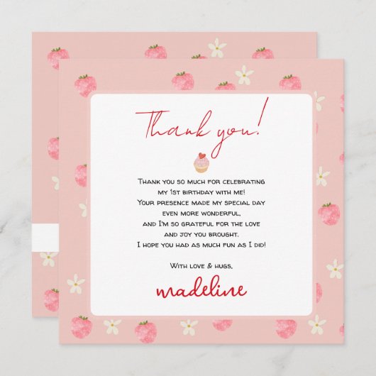 Sweet Berry First Birthday Bedankkaart (Voorkant / Achterkant)