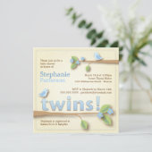 Sweet Birdie Twin Boys Blue Baby shower Invitation Kaart (Staand voorkant)