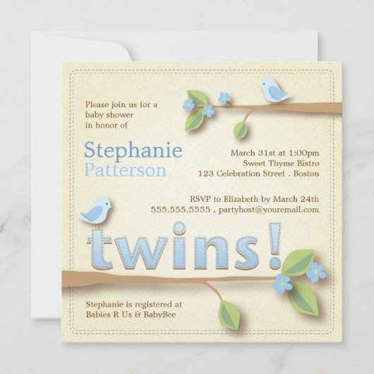 Sweet Birdie Twin Boys Blue Baby shower Invitation Kaart (Voorkant)