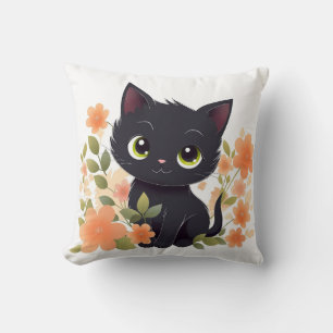 Sweet Black Kitten met Flowers Kawaii Chibi Kussen
