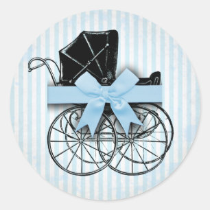 Sweet Blue  Baby Carriage Pram and Bow Ronde Sticker