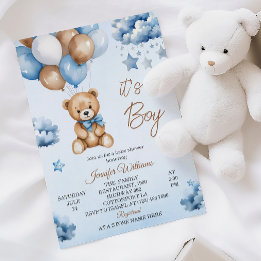 Sweet Blue Balloon Teddy Baby Boy Shower Kaart