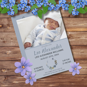 Sweet Blue Boho Floral Baby Boy Foto geboorte Aankondiging