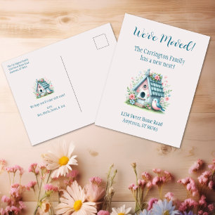 Sweet Blue en Pink Birdhouse "We zijn verhuisd" Briefkaart