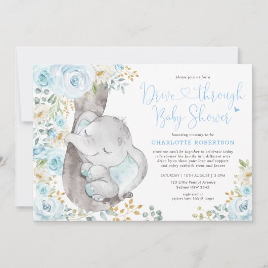Sweet Blue Floral Elephant drive by Baby shower Kaart (Voorkant)