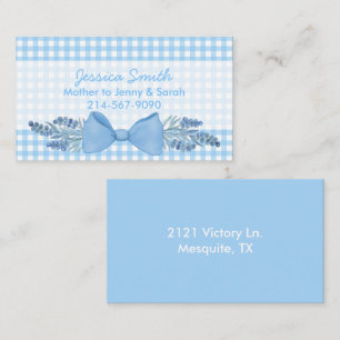 Sweet Blue Gingham met Flowers en Bow mama Contactkaartje