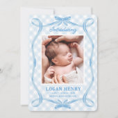 Sweet Blue Gingham Ribbon Bow Geboorteaankondiging Kaart (Voorkant)