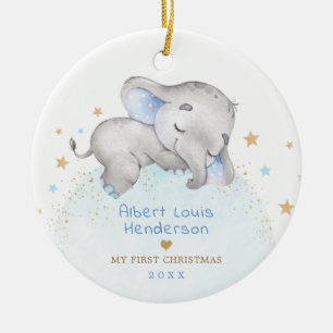 Sweet Blue Gold Elephant Baby 1e Kerstmis Keramisch Ornament