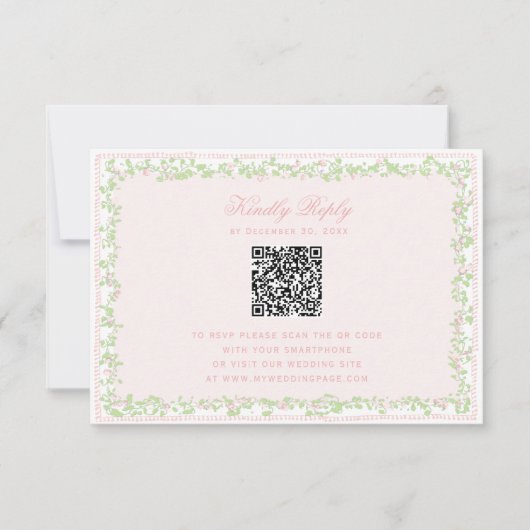 Sweet Blush Pink Floral Frame RSVP w/ Bow QR Code (Voorkant)