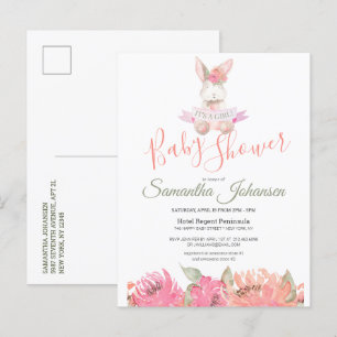 Sweet Boho Bunny  Pink Floral Baby shower Uitnodiging Briefkaart