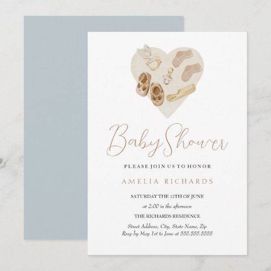 Sweet Boho Heart Blue Baby shower Kaart (Voorkant / Achterkant)