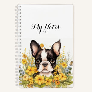 Sweet Boston Terrier Puppy Omgeven door bloemen Notitieboek
