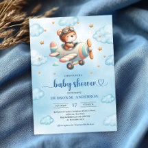 Sweet Boy Shower Invitation Teddy Bear Pilot Blue 