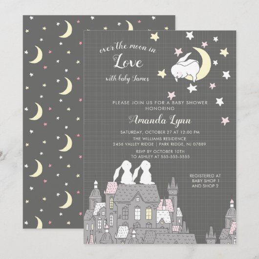 Sweet Bunny Amour Lune Baby shower Invitation (Devant / Derrière)