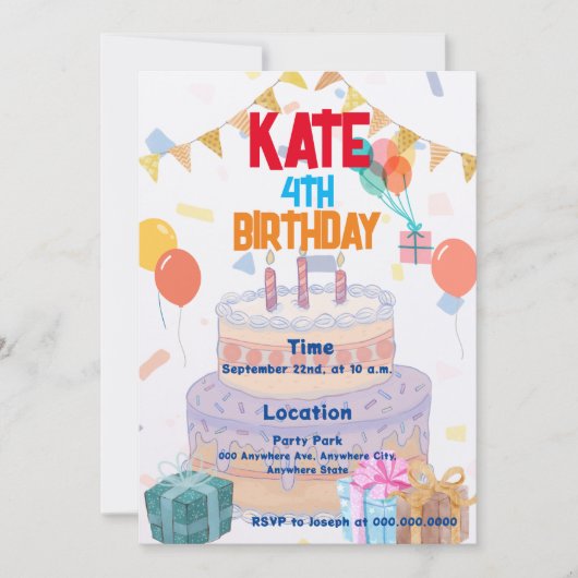 Sweet Cake Colorful Party Enfant Invitation Annive (Devant)