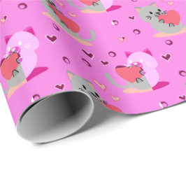 Sweet Cat Wrapping Paper - Roze harten en speels Cadeaupapier