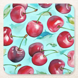 Sweet cherries colorful watercolor cherry art  vierkante kartonnen onderzetter