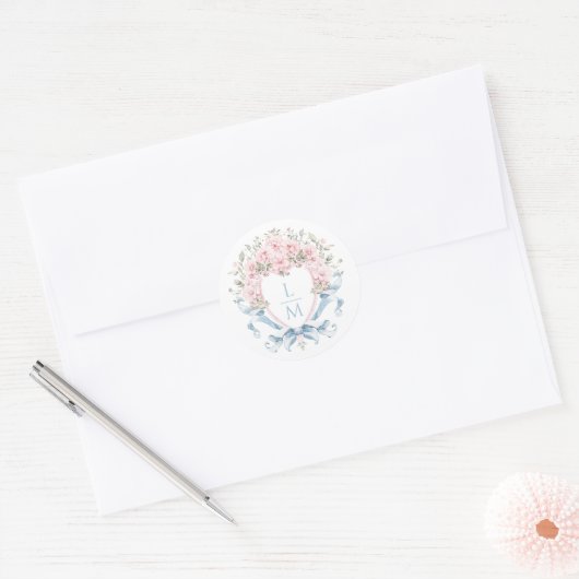 Sweet Cherry Blossom Crest | Monogram bruiloft Ronde Sticker (Envelop)