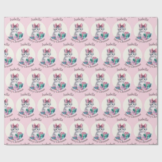Sweet Christmas Kitten Big Pink Bow Add Name Cadeaupapier (Vlak)