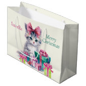 Sweet Christmas Kitten Big Pink Bow Add Name Groot Cadeauzakje (Voorkant Gekanteld)