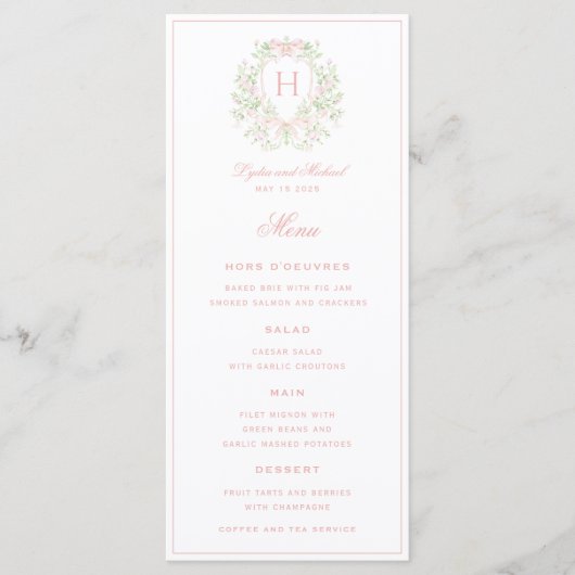 Sweet Crest Monogram 4 Cursus Trouwen Menu (Voorkant)