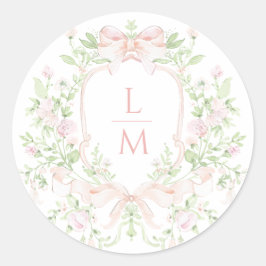 Sweet Crest w/Blush Pink Bow | Monogram bruiloft Ronde Sticker