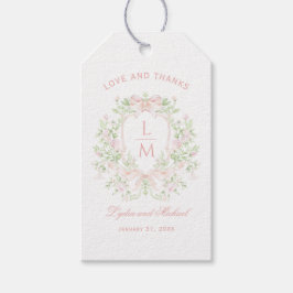 Sweet Crest w/Blush Pink Bows | Monogram bruiloft Cadeaulabel