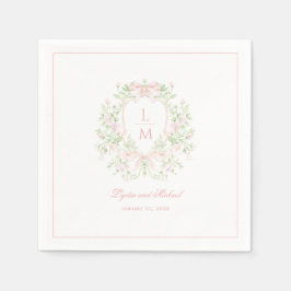 Sweet Crest w/Blush Pink Bows | Monogram bruiloft Servet