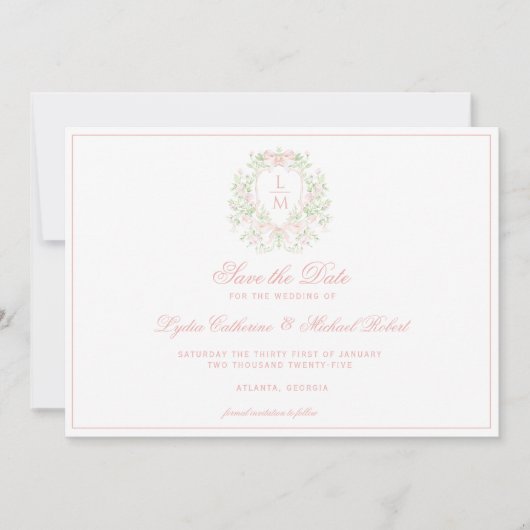 Sweet Crest w/Pink Bows Save The Date (Voorkant)