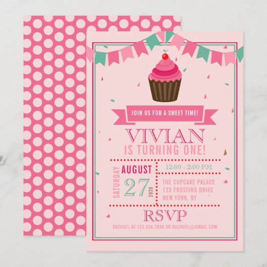 Sweet Cupcake Roze verjaardagsfeestje uitnodiging (Voorkant / Achterkant)