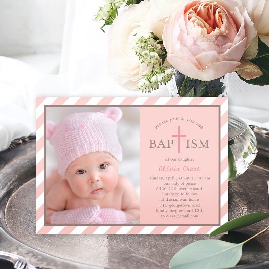 Sweet Diagonals Photo Baptism Invitation - Rose