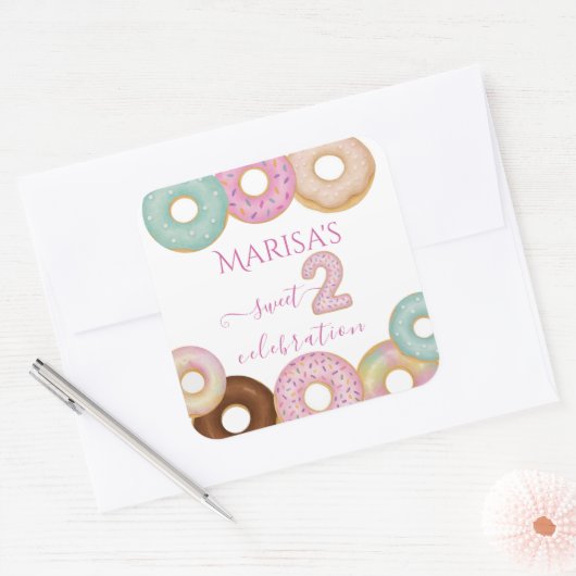 Sweet Donut Birthday | Kleurrijke Kinder partij - Vierkante Sticker (Envelop)
