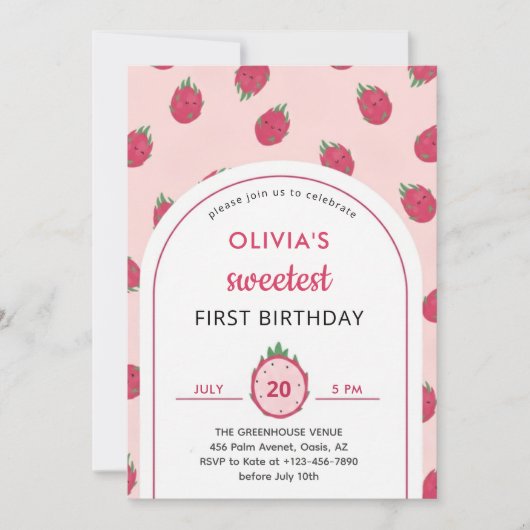 Sweet Dragon Fruit First Birthday Invitation (Devant)