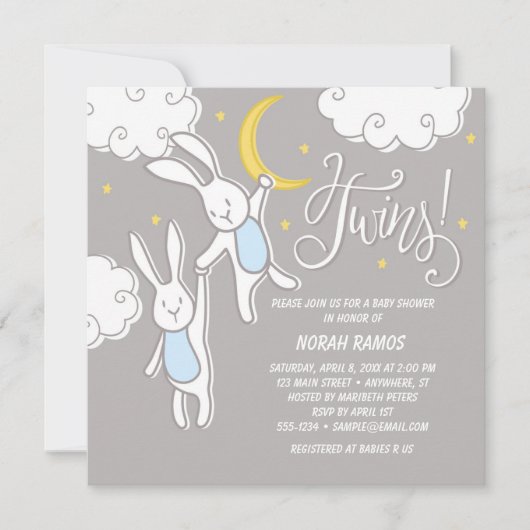"Sweet Dreams Bunny" Twins Baby shower Invitation (Devant)