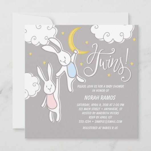 "Sweet Dreams Bunny" Twins Baby shower Invitation (Devant)