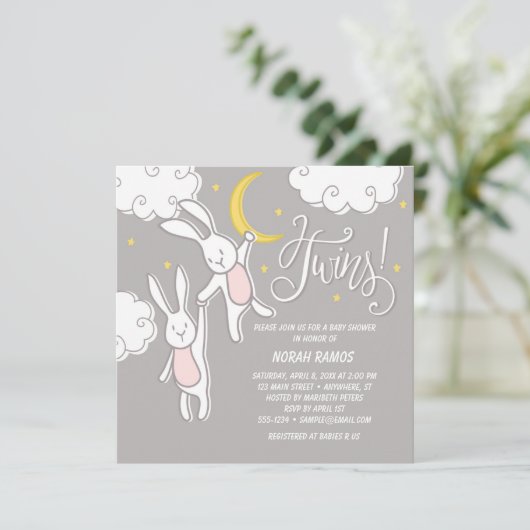 "Sweet Dreams Bunny" Twins Baby shower Invitation (Debout devant)
