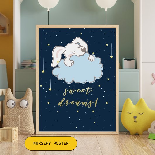 Sweet Dreams - Cute Bunny op een Cloud Nursery Poster