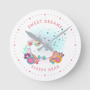 Sweet Dreams Sleepy Head Unicorn Pink White Minute Ronde Klok