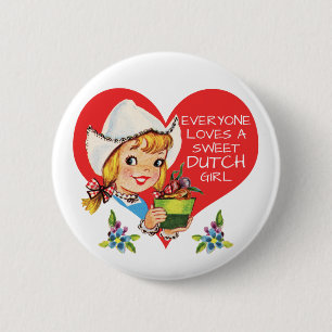 Sweet Dutch Girl Tulips Meisje & Heart Ronde Button 5,7 Cm