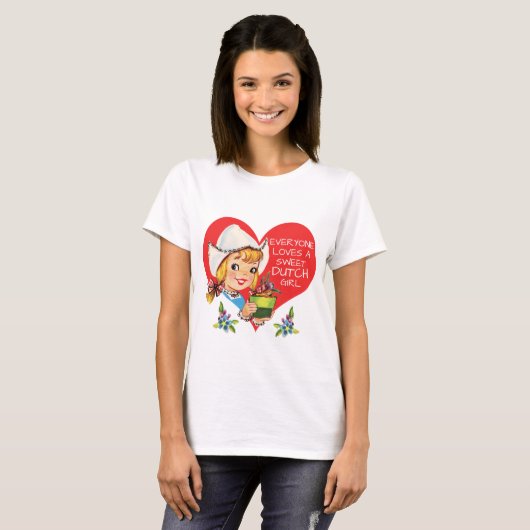 Sweet Dutch Girl Tulips Meisje & Heart T-shirt (Voorkant volledig)