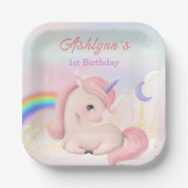 Sweet Elegant Cute Pink Watercolour Unicorn square Papieren Bordje