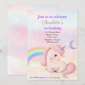 Sweet Elegant Rose Aquarelle Unicorn Invitation