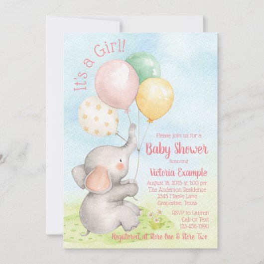 Sweet Elephant Baby Girl Douche Invitations (Devant)