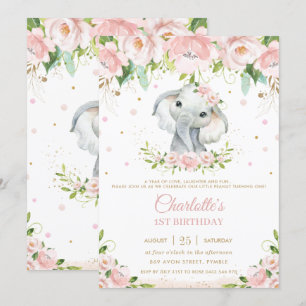 Sweet Elephant Blush Pink Floral Gold 1e verjaarda Kaart