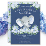 Sweet Elephant Boys Baby shower Invitation<br><div class="desc">Joli design baby shower avec un adorable éléphant entouré de jolis bouquets de fleurs bleues posés sur un arrière - plan bleu foncé. Retournez notre invitation pour voir un dos à floral coordonné pour une touche spéciale.</div>