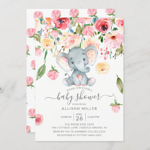 Sweet Elephant Pink Peonies Baby shower Kaart