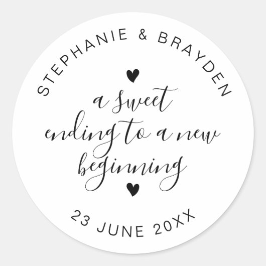Sweet Ending Elegant Script Wedding Favoriet Groot Ronde Sticker (Voorkant)