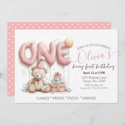 Sweet First Birthday Invitation with Teddy Bear  (Devant / Derrière)